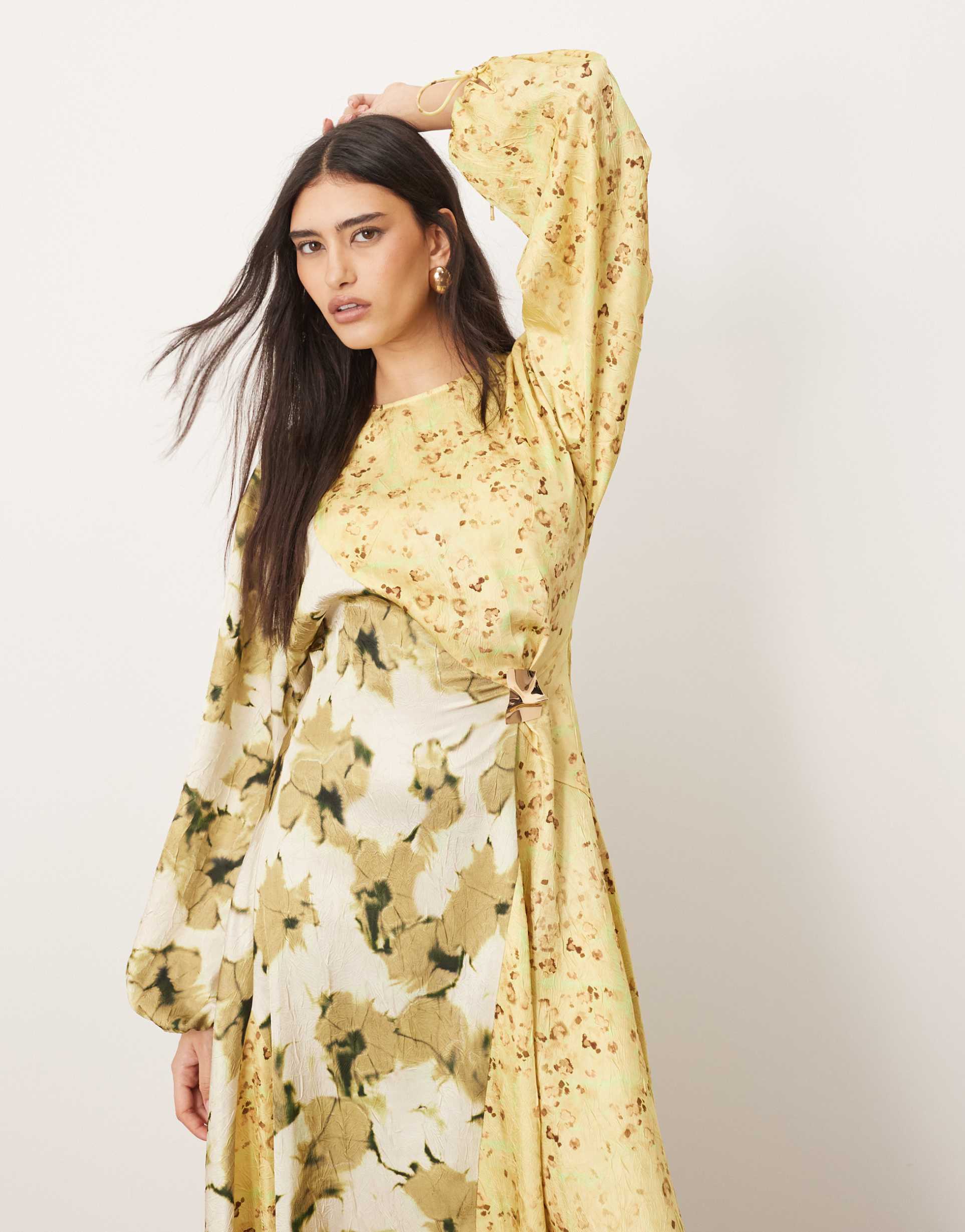arrange crinkle satin long sleeve midi dress with trim in color block floral print