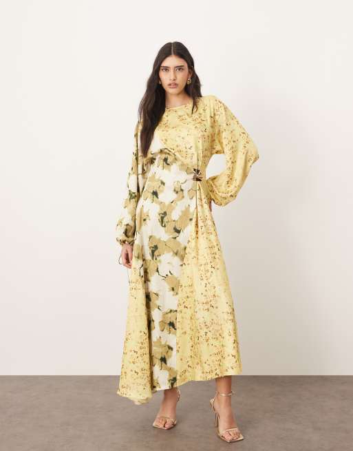 ARRANGE crinkle satin long sleeve midi dress with trim in color block  floral print | ASOS
