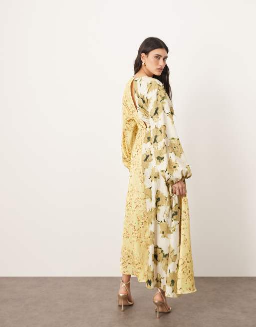 ARRANGE crinkle satin long sleeve midi dress with trim in color block floral  print | ASOS