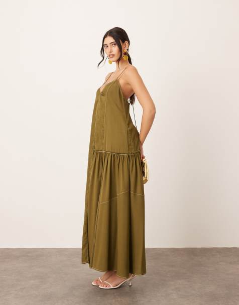 ARRANGE crinkle satin mix cami midi dress with raw edging in olive green - view 1