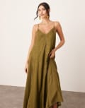 [ARRANGE] ARRANGE crinkle satin mix cami midi dress with raw edging in olive green 8 Olive Green