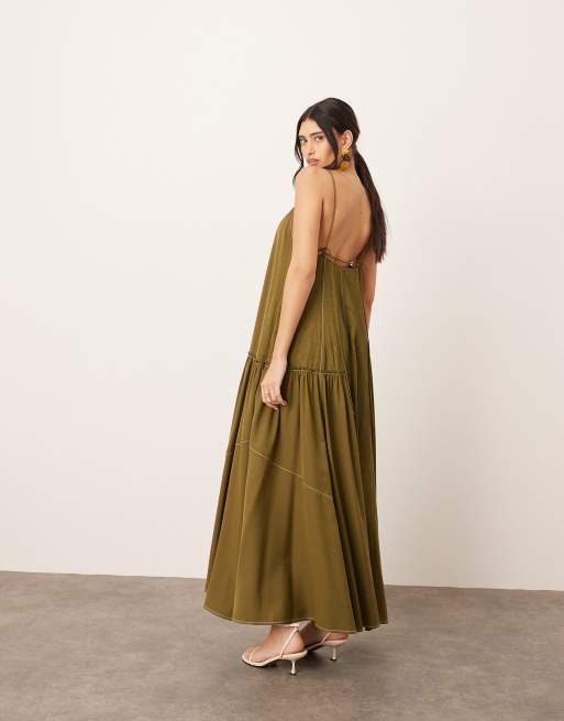 ARRANGE crinkle satin mix cami midi dress with raw edging in olive green