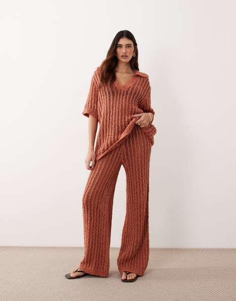 ARRANGE crochet collared top and straight led trouser co ord in terracotta - view 1