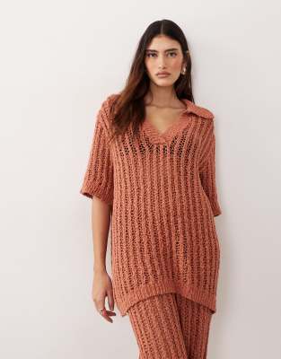 ARRANGE crochet collared top in terracotta - part of a set