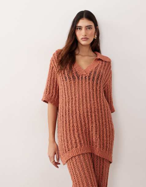 ARRANGE crochet collared top in terracotta - part of a set - view 1