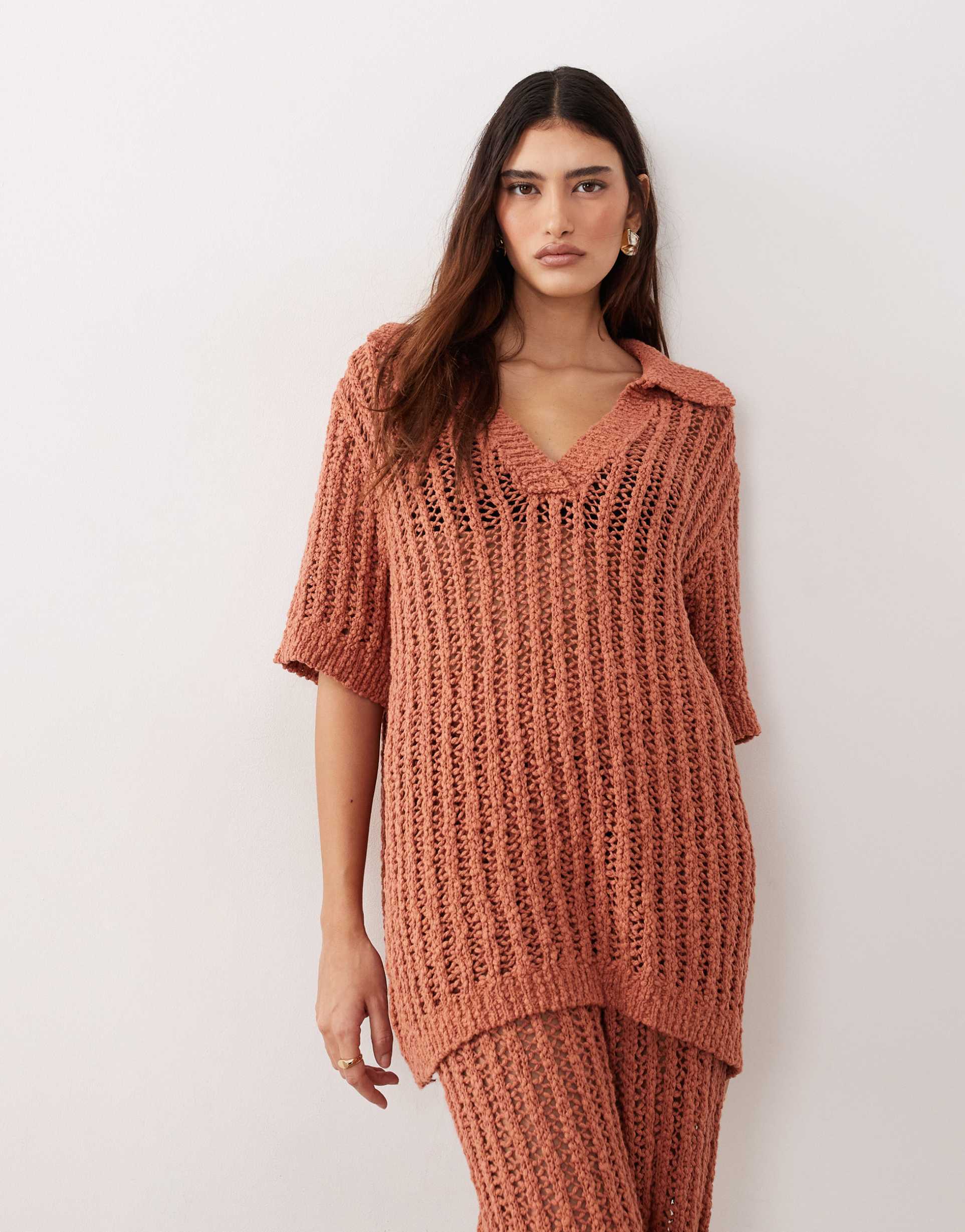 arrange crochet collared top in terracotta - part of a set