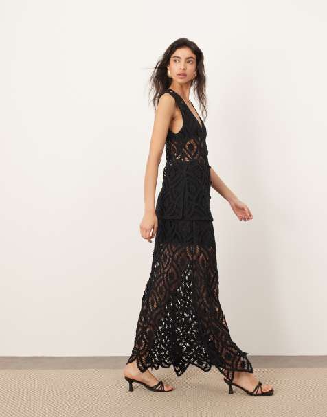 ARRANGE crochet longline button through top and a-line maxi skirt black - view 1