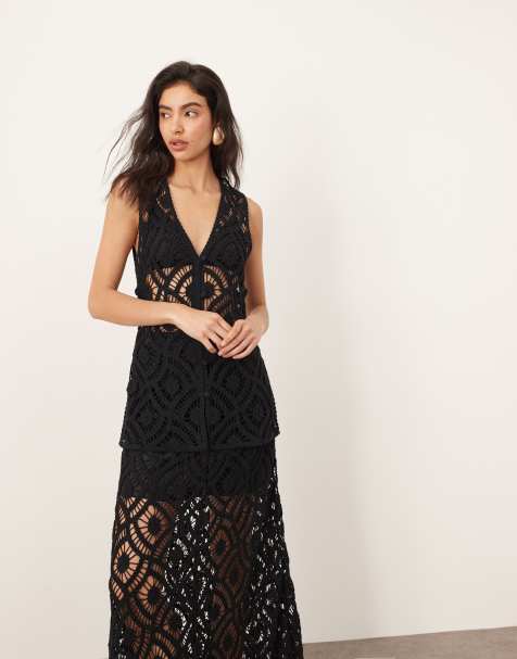 ARRANGE crochet longline button up top in black - part of a set - view 1