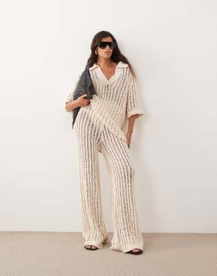 crochet straight leg pants in ivory - part of a set-White