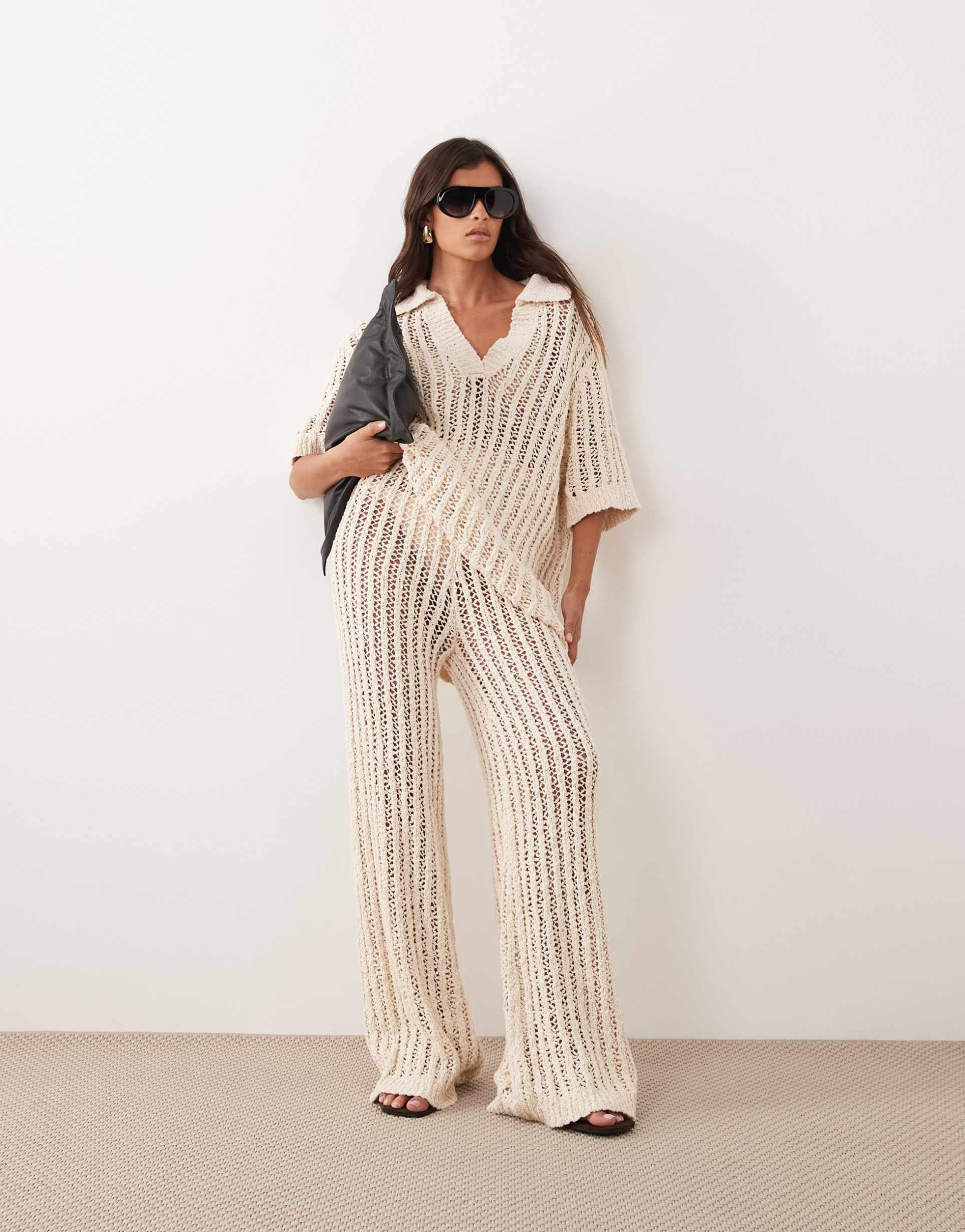 arrange crochet straight leg pants in ivory - part of a set