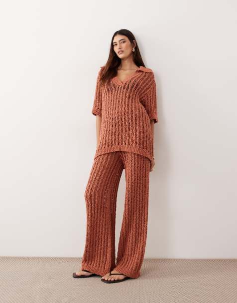 ARRANGE crochet straight leg pants in terracotta - part of a set - view 1