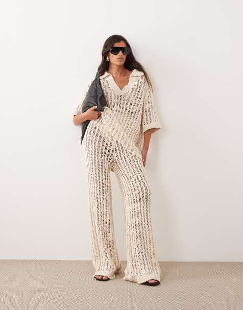 ARRANGE crochet straight leg trousers co ord in ivory - IVORY - view 1