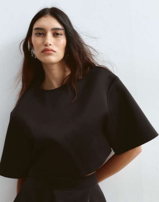 ARRANGE crop t-shirt in bonded satin in black (part of a set), 3 of 4
