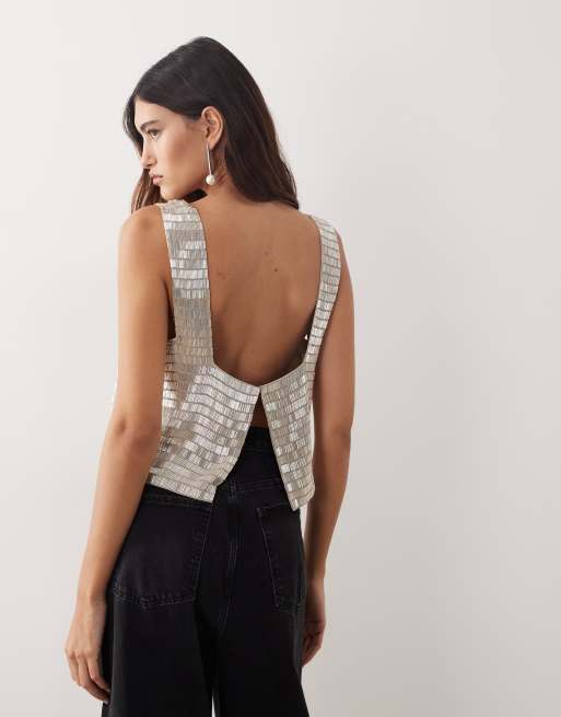 ARRANGE - Crop top coupe carrée à ornements perles avec encolure carrée - Argenté, 3 de 4