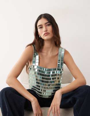 Crop top coupe carrée à ornements perles avec encolure carrée - Vert pâle 40