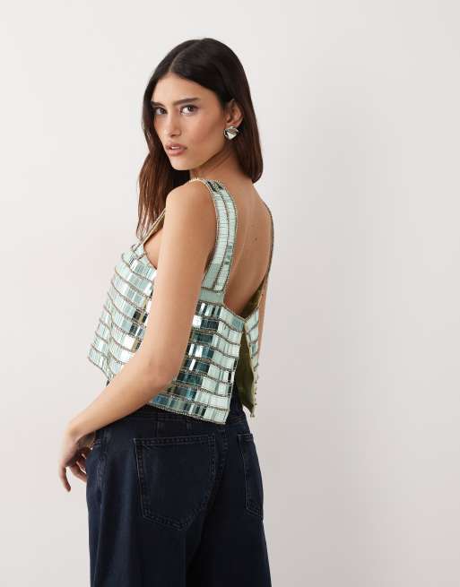 ARRANGE - Crop top coupe carrée à ornements perles avec encolure carrée - Vert pâle, 3 de 4