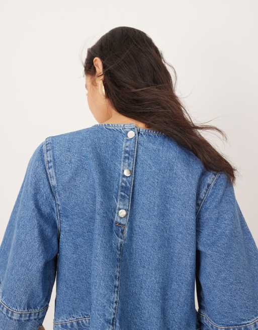 ARRANGE - Crop top d'ensemble en denim avec patte de boutonnage - Bleu clair délavé, 4 de 4