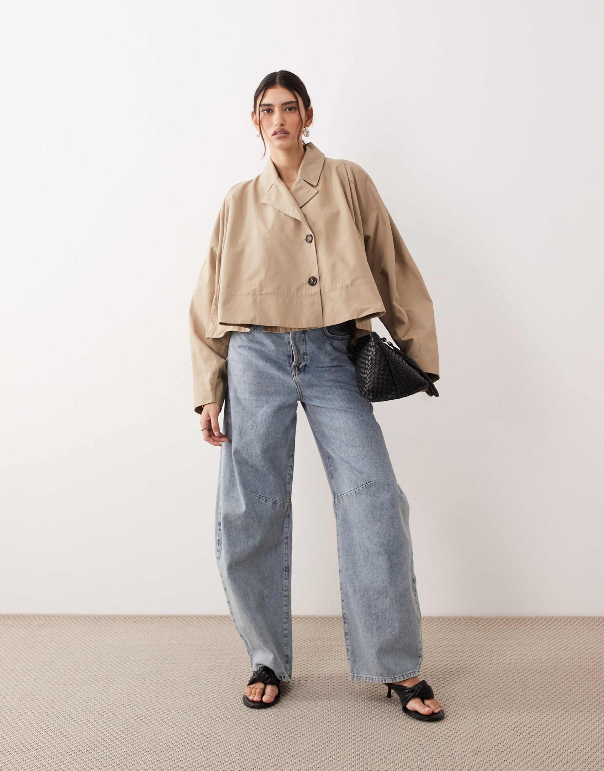 arrange cropped trench coat in tan - part of a set