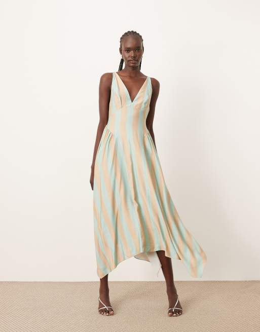 ARRANGE cross back detail midi dress with full skirt in green stripe