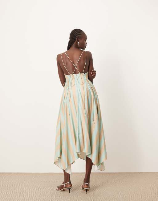 ARRANGE cross back detail midi dress with full skirt in green stripe