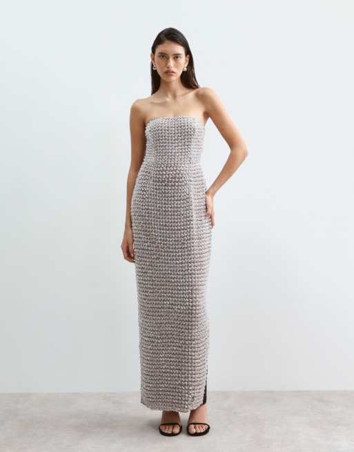ARRANGE crystal embellished bandeau column maxi dress in silver, 5 of 5
