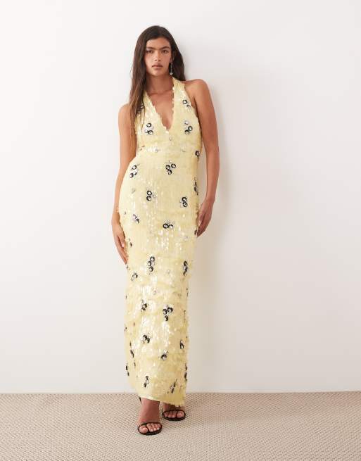 ARRANGE crystal embellished plunge halter column maxi dress in butter yellow, 3 of 4