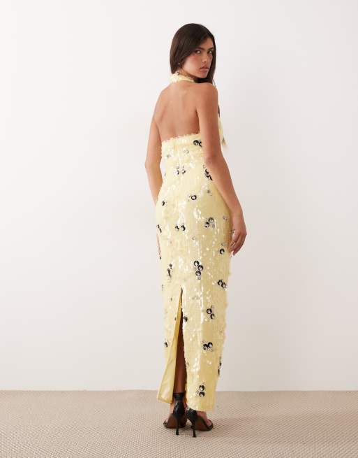 ARRANGE crystal embellished plunge halter column maxi dress in butter yellow, 4 of 4