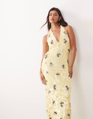 Arrange Crystal Embellished Plunge Halter Neck Column Maxi Dress In Yellow