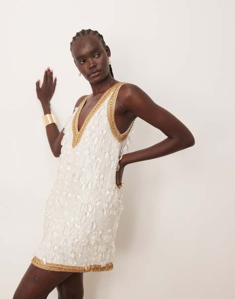 ARRANGE crystal encrusted shift mini dress in ivory