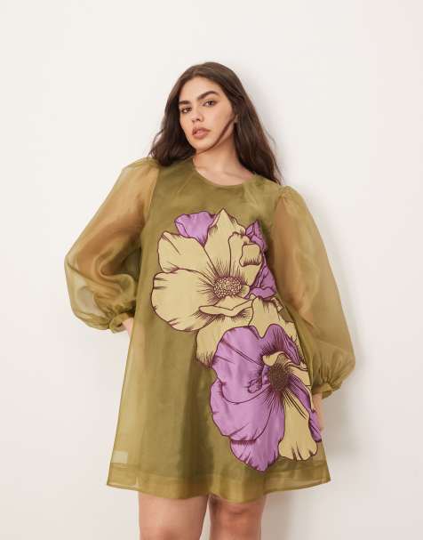 ARRANGE Curve – A-Linien-Minikleid in Grün mit floraler Applikation und voluminösen Ärmeln - view 1