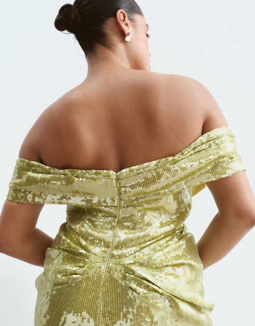 ARRANGE Curve abito lungo Bardot drappeggiato con paillettes verde lime, 2 di 5