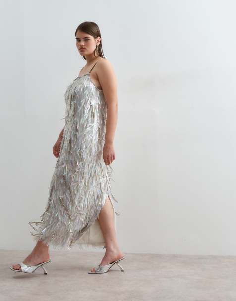 ARRANGE Curve abito maxi a canotta a colonna con frange di strass e paillettes argento - view 1