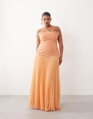 Curve abstract cut work bandeau maxi dress with pleat skirt in soft peach-Orange