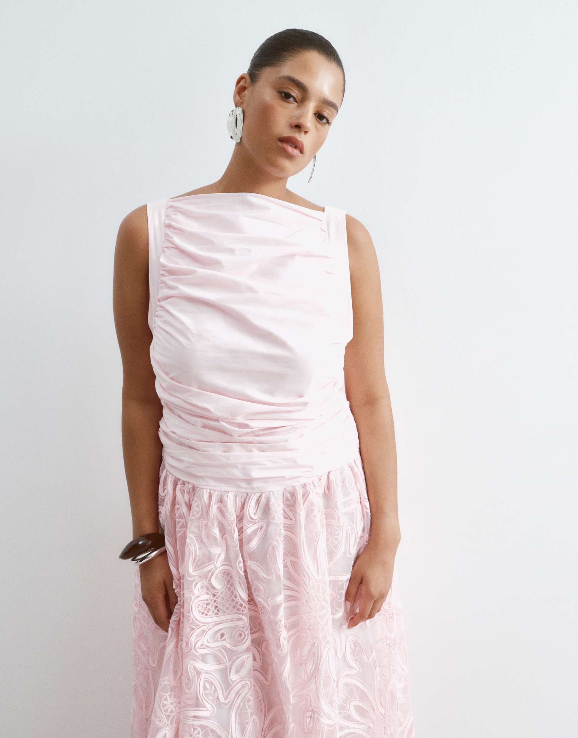 arrange curve abstract cutwork drop waist low back maxi dress in pink
