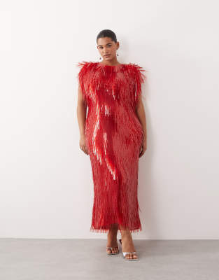 Arrange Curve All Over Shard Sequin Strong Shoulder Maxi Dress In Red
