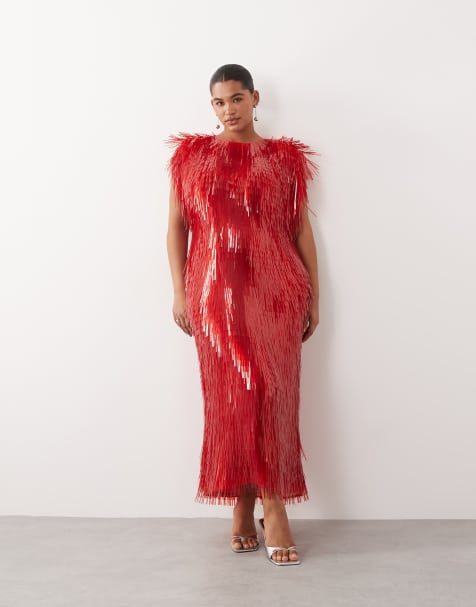 ARRANGE Curve all over shard sequin strong shoulder maxi dress in red - view 1