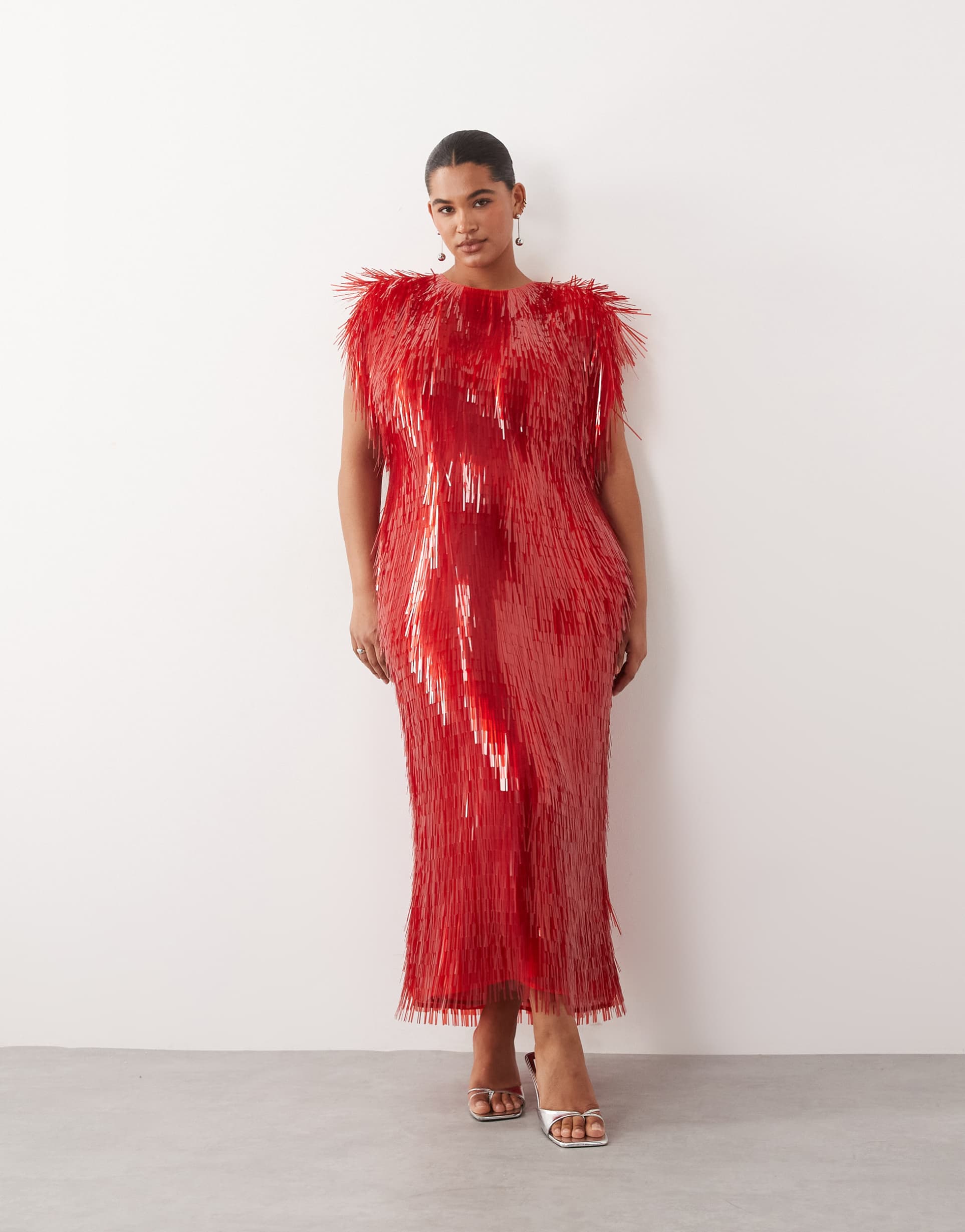 arrange curve all over shard sequin strong shoulder maxi dress in red