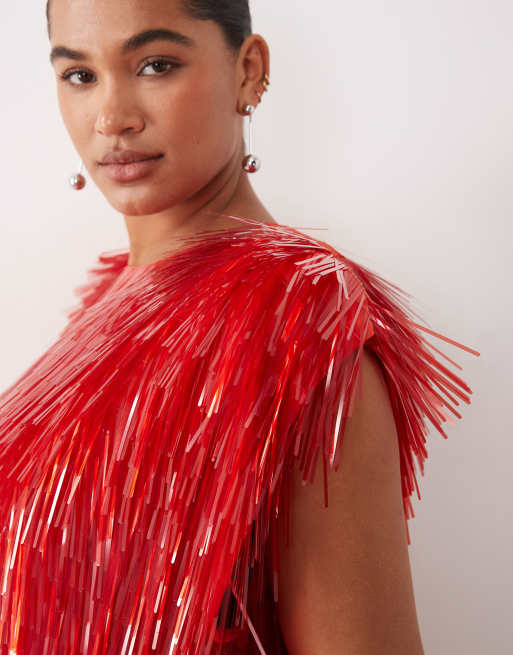 ARRANGE Curve all over shard sequin strong shoulder maxi dress in red, 3 of 4