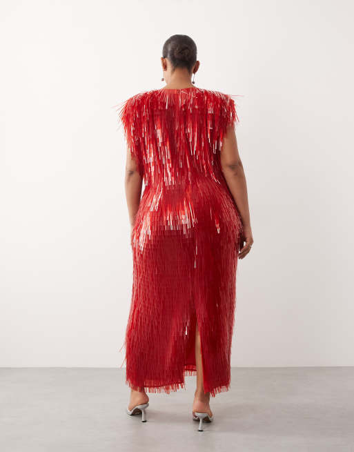 ARRANGE Curve all over shard sequin strong shoulder maxi dress in red, 4 of 4