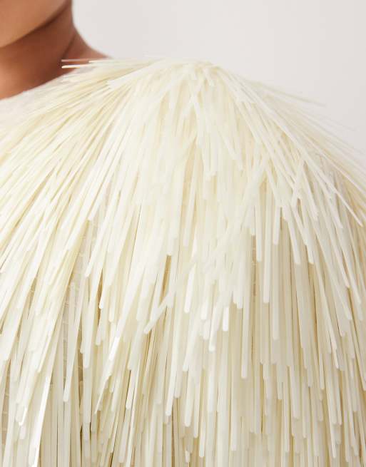 ARRANGE Curve all over shard sequin strong shoulder t-shirt in white, 3 of 4
