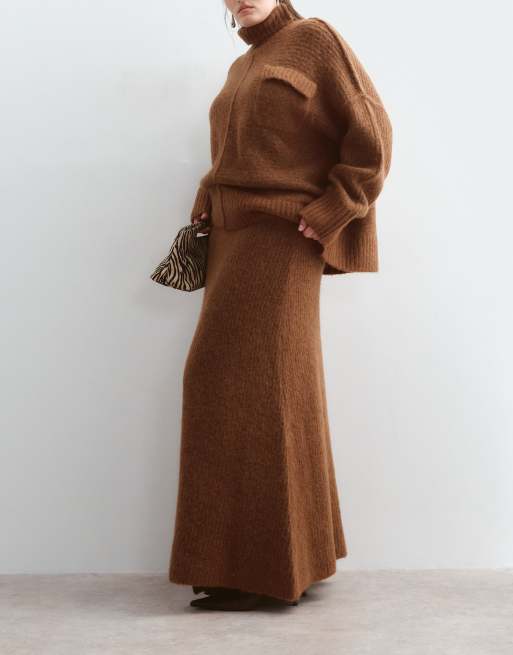 ARRANGE Curve alpaca knitted skirt set in chocolate, 5 of 5