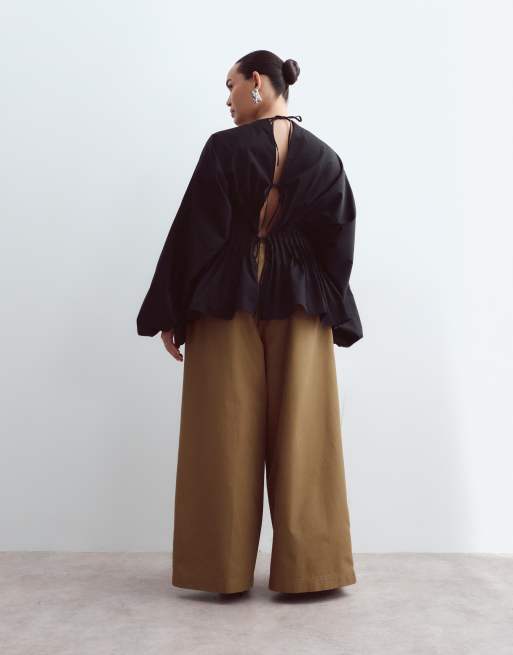 ARRANGE Curve Alva fold detail wide leg pants in olive green, 3 of 5