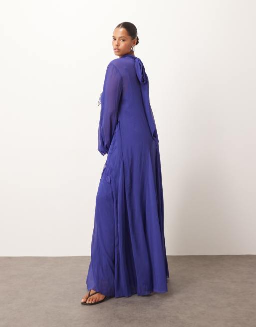 ARRANGE Curve applique floral tie neck blouson sleeve trapeze maxi dress in cobalt blue