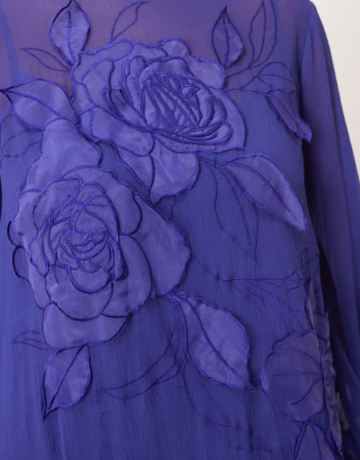 ARRANGE Curve applique floral tie neck blouson sleeve trapeze maxi dress in cobalt blue