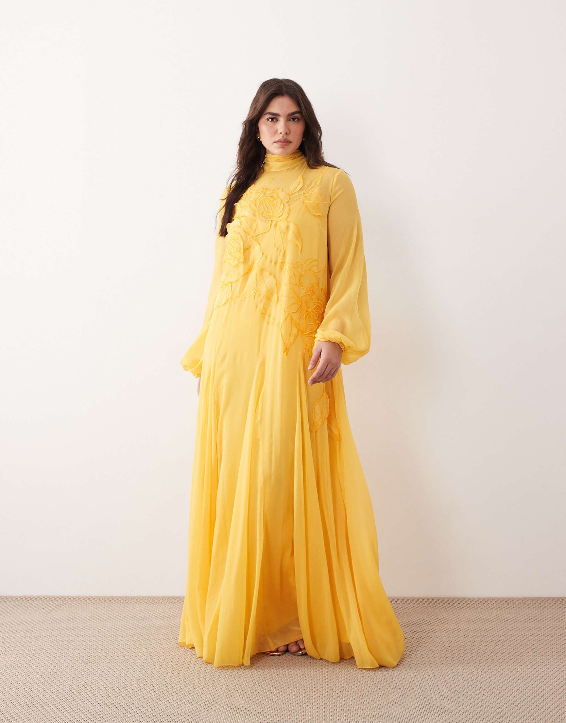 arrange curve applique floral tie neck blouson sleeve trapeze maxi dress in marigold