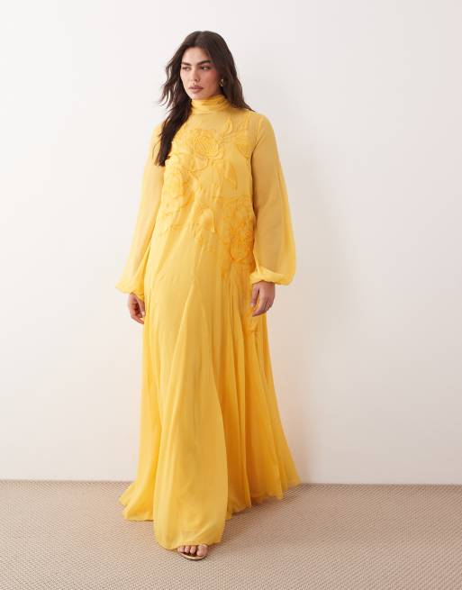 ARRANGE Curve applique floral tie neck blouson sleeve trapeze maxi