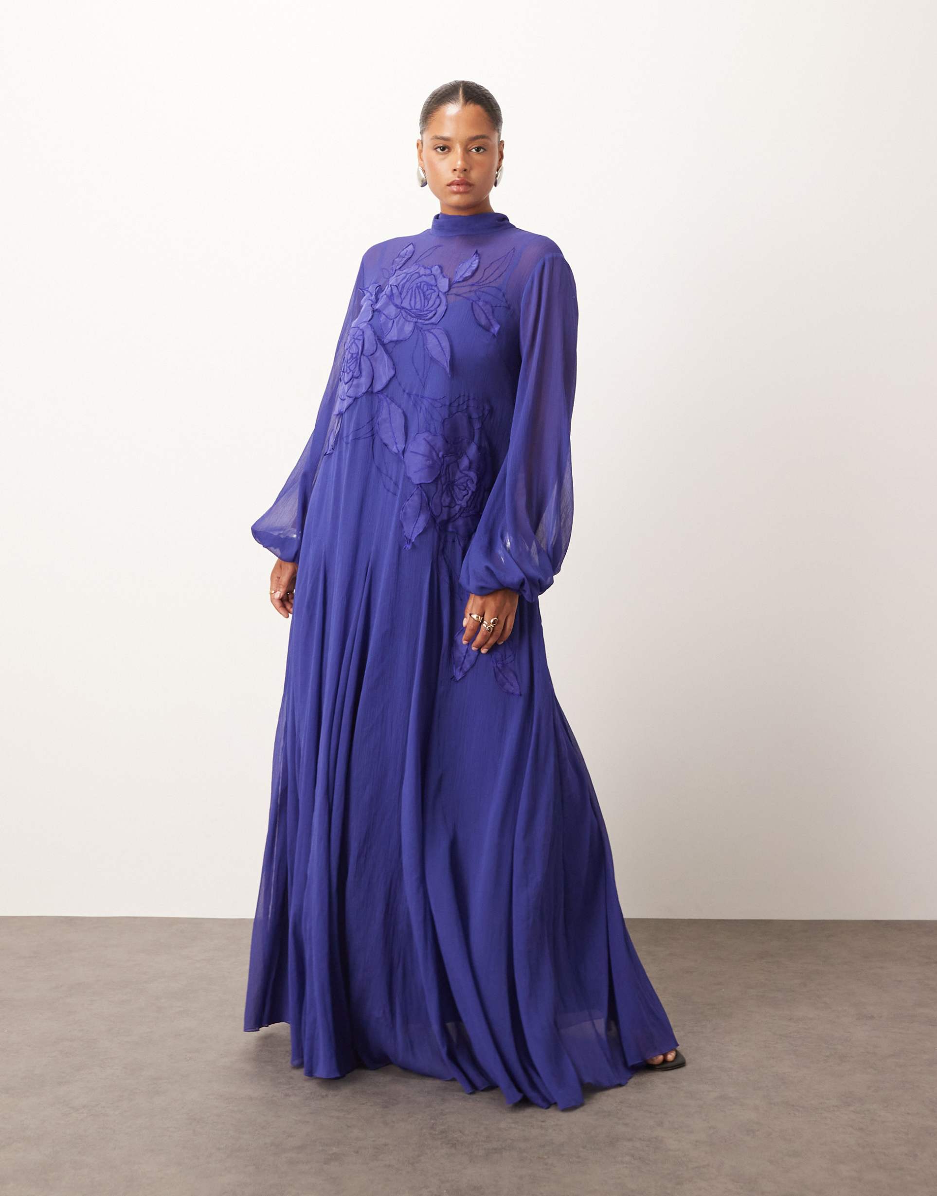 arrange curve applique floral tie neck blouson sleeves trapeze maxi dress in cobalt blue