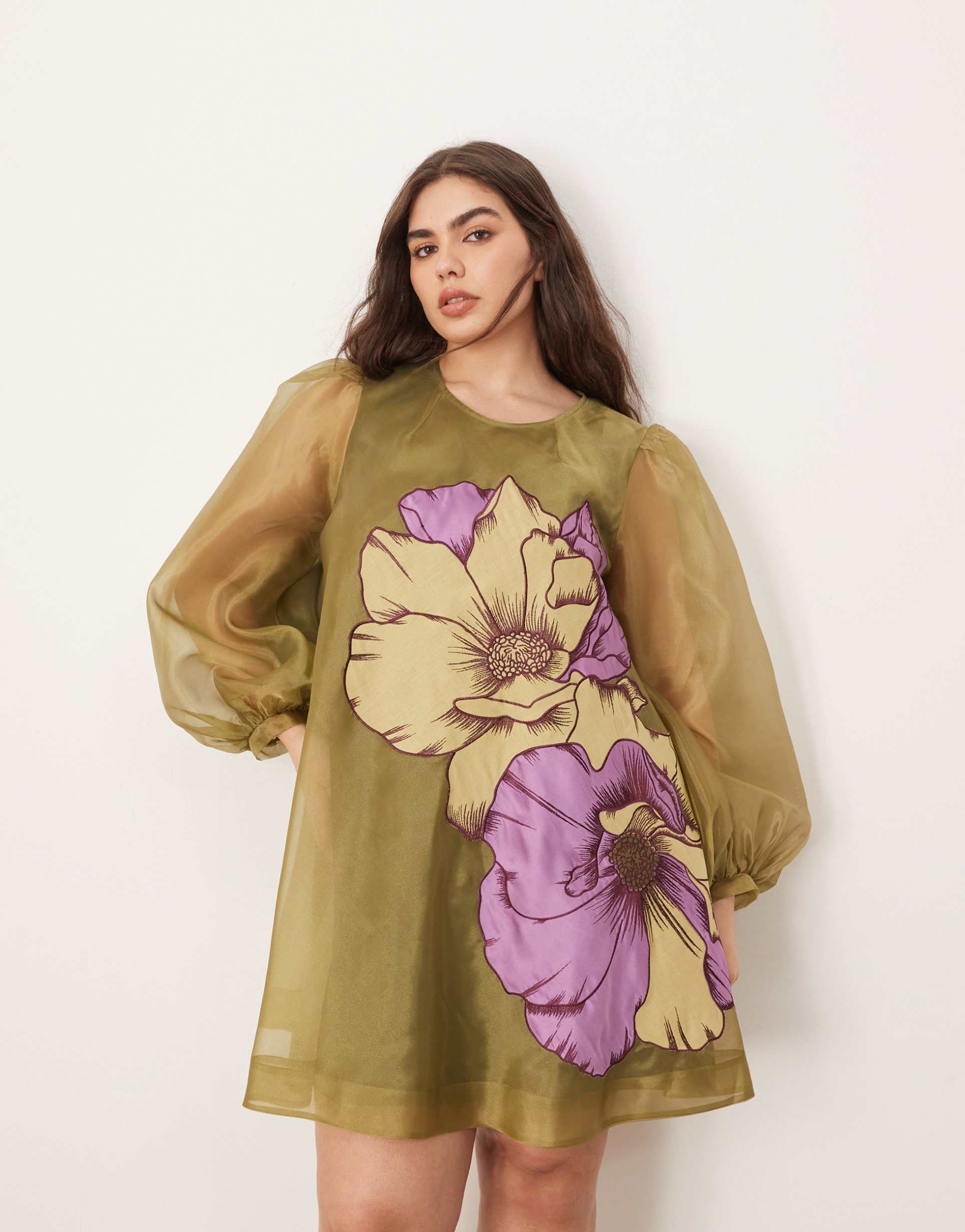 arrange curve applique floral volume sleeve a-line mini dress in green
