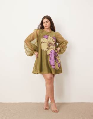 Arrange Curve Applique Floral Volume Sleeve A-line Mini Dress In Green