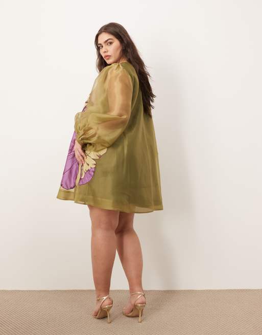 ARRANGE Curve applique floral volume sleeve a-line mini dress in green